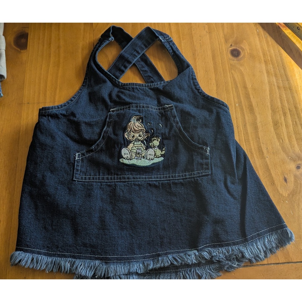 Precious Moments Vintage 2002 Denim Overall Dress 18M Dark Wash Frayed Hem Bib